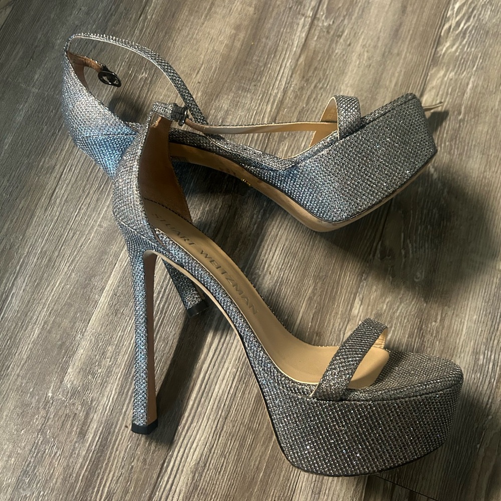 Stuart Weitzman Glittering Silver Platform Heels